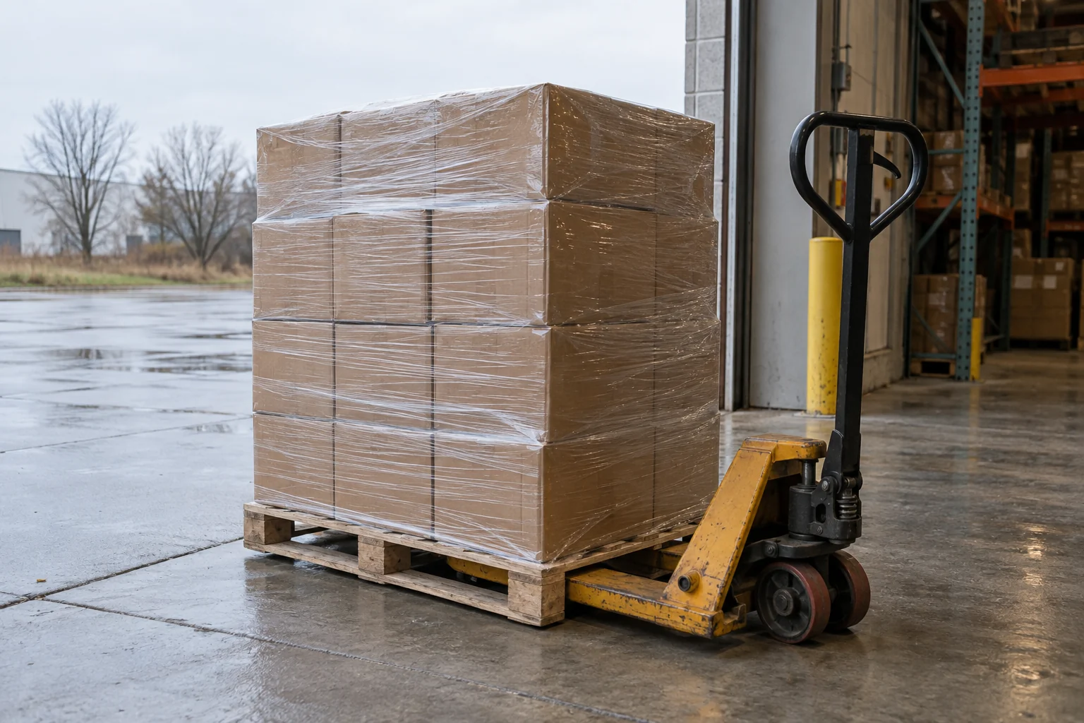 Wrapped cartons on a pallet jack beside a ground-level warehouse doorway