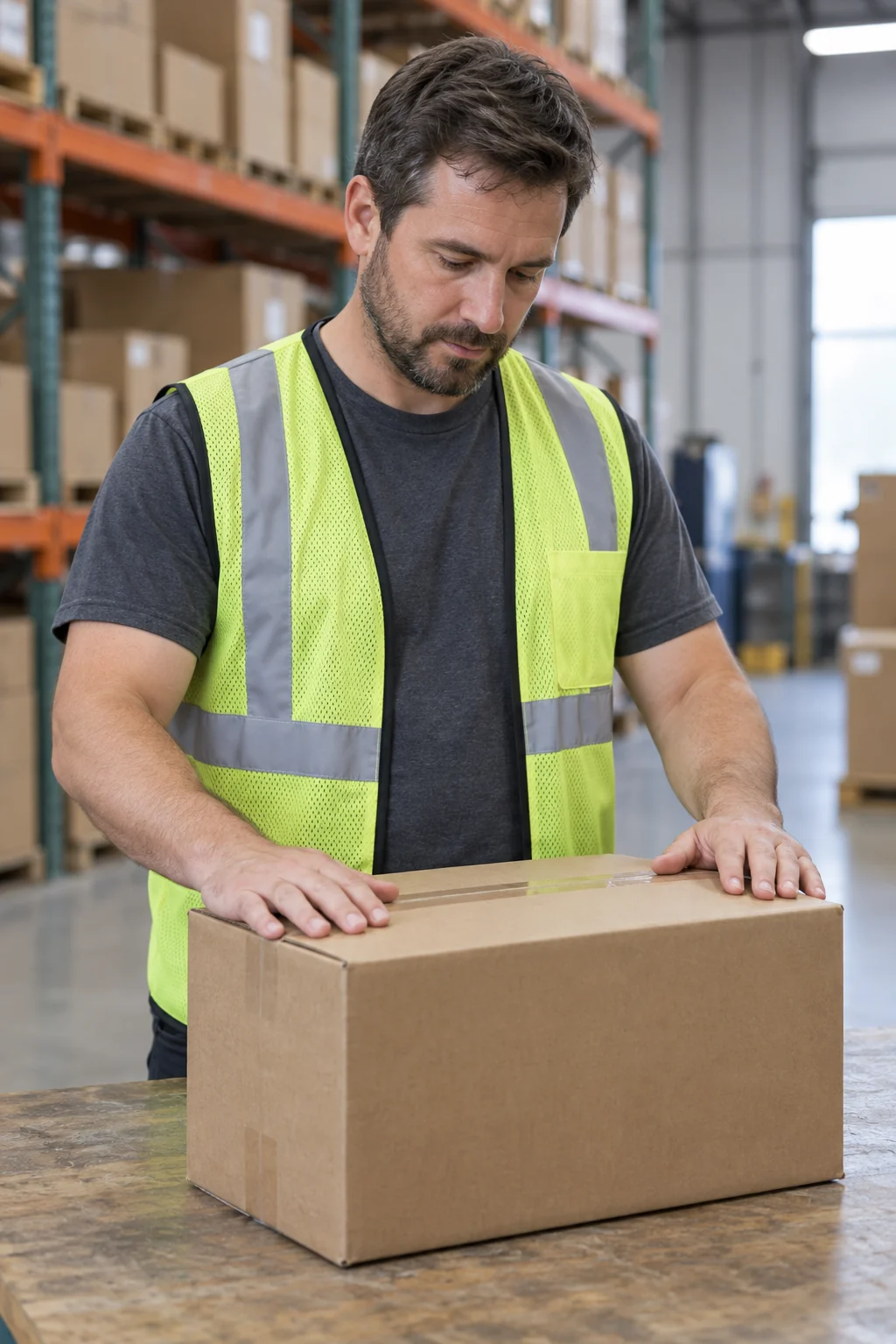 Warehouse worker checking a plain carton on a workbench
