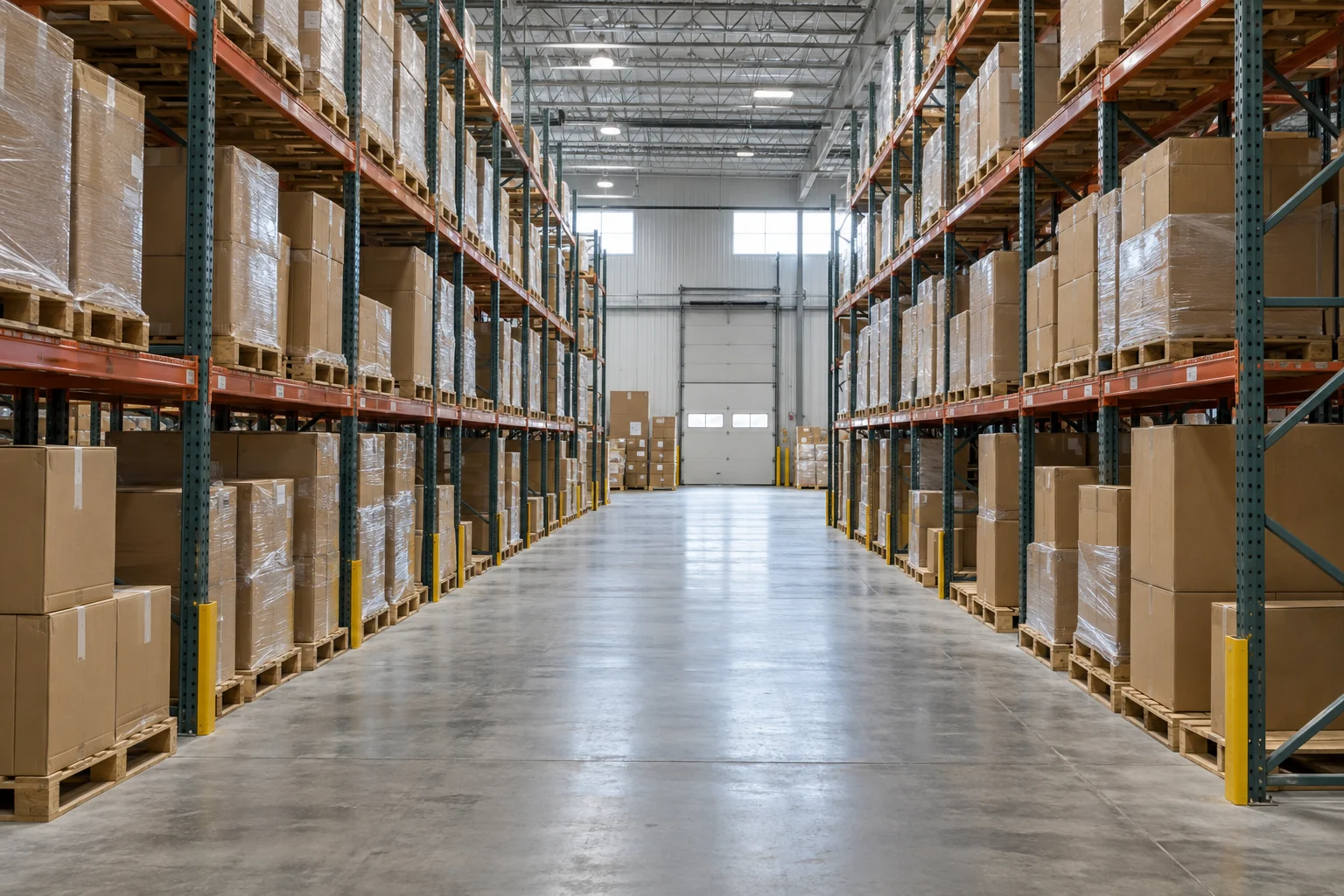 Orderly warehouse storage racks and a clear central aisle under soft daylight